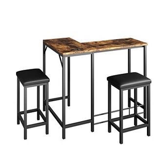 Bar Table and Chairs Set, L Shaped Bar Table w/2 Padded Stools, Convertible Bar Dining Table Set