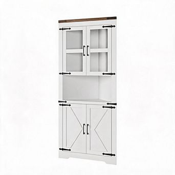 Farmhouse Corner Cabinet, Tall Corner Storage with Glass Door & Adjustable Shelves, Bathroom Cabinet