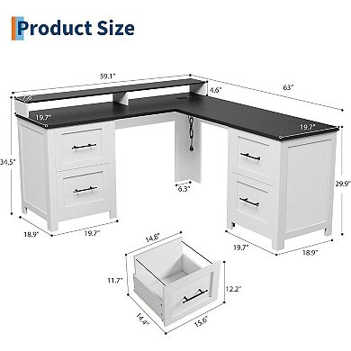 Executive L-Shaped Desk 63" Corner Computer Desk with 4 Storage Drawers