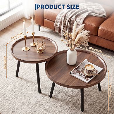 Round Nesting Coffee Table Set of 2, Wood & Metal Accent Table