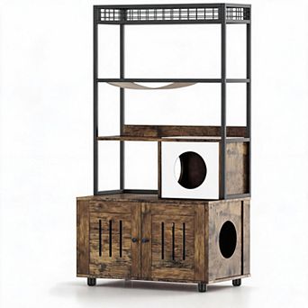 Modern Hidden Cat Litter Box Enclosure with Storage Rack, Enclosed Cat Furniture with Hammock