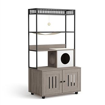Modern Hidden Cat Litter Box Enclosure with Storage Rack, Enclosed Cat Furniture with Hammock