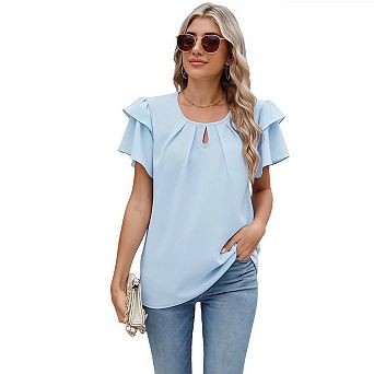 Womens Tops Dressy Casual Business Work Blouses Short Ruffle Sleeve V Neck Summer Shirts Outfits