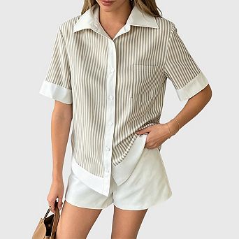 Womens Short Sleeve Button Down Shirts Casual V Neck Collared Blouses Work Tops