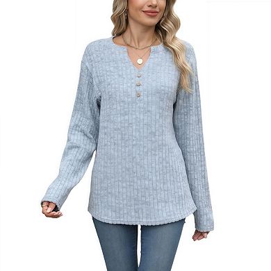 Womens Sweaters Lightweight Long Sleeve Shirts V Neck Tops with Button Fall Outfits