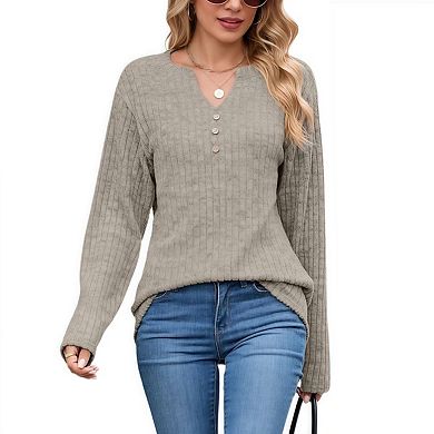 Womens Sweaters Lightweight Long Sleeve Shirts V Neck Tops with Button Fall Outfits