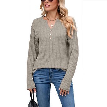 Womens Sweaters Lightweight Long Sleeve Shirts V Neck Tops with Button Fall Outfits