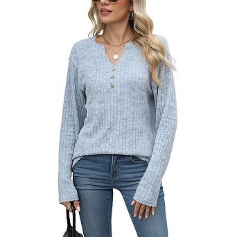 Womens Sweaters Lightweight Long Sleeve Shirts V Neck Tops with Button Fall Outfits