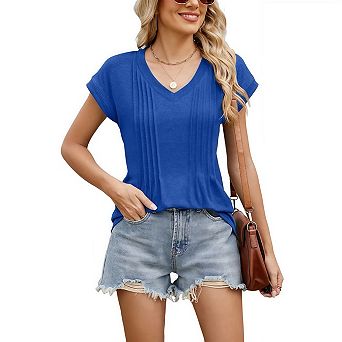 Womens Tops Summer Short Sleeve Pleated Dressy T Shirts Business Casual Basic V-Neck Outfits