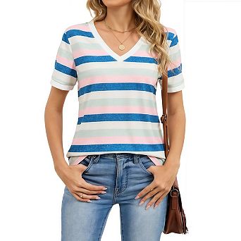 Womens Summer Tops Short Sleeve V Neck Striped Shirts Casual Dressy Business Work Blouses Outfits