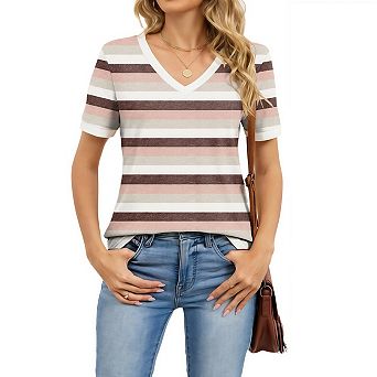 Womens Summer Tops Short Sleeve V Neck Striped Shirts Casual Dressy Business Work Blouses Outfits