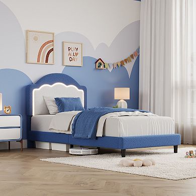 Flannel Fleece Platform Bed Frame, Ice Cream Shaped Headboard w/LED Lights