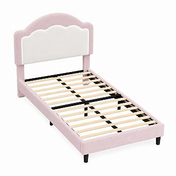Flannel Fleece Platform Bed Frame, Ice Cream Shaped Headboard w/LED Lights