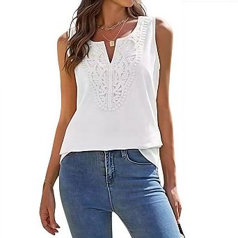 Womens Tank Tops Summer V Neck Sleeveless Shirts Loose Fit Lace Boho Blouse