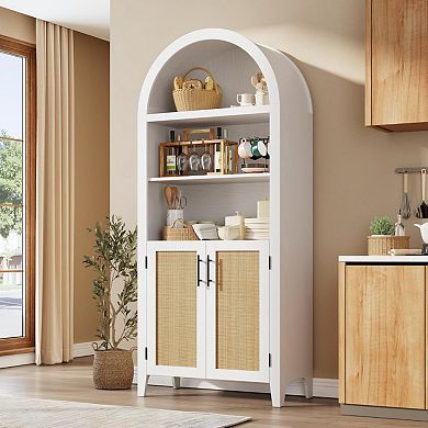 Arched Bookcase with Doors - 5 Tier Open Display Shelf with Rattan Decor