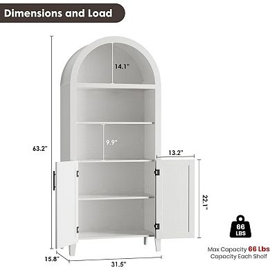 Arched Bookcase with Doors - 5 Tier Open Display Shelf with Rattan Decor