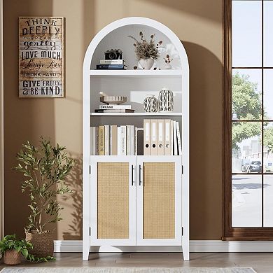 Arched Bookcase with Doors - 5 Tier Open Display Shelf with Rattan Decor