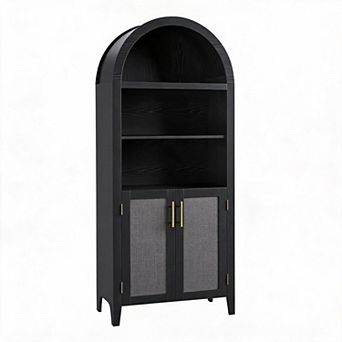 Arched Bookcase with Doors - 5 tier Open Display Shelf with Rattan Decor