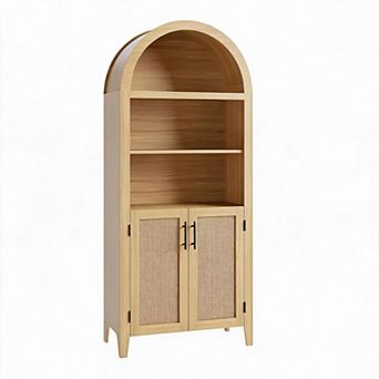 Arched Bookcase with Doors - 5 tier Open Display Shelf with Rattan Decor