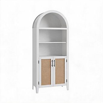 Arched Bookcase with Doors - 5 tier Open Display Shelf with Rattan Decor