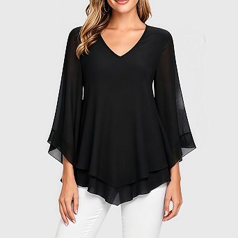 Womens Dressy Tops Casual 3/4 Bell Sleeve Blouses Double Layered Chiffon Work Tunic Shirts
