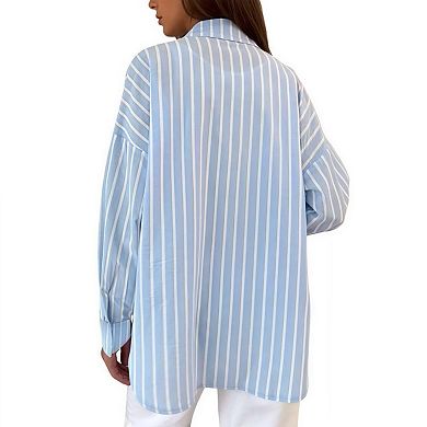 Womens Striped Button Down Shirt Casual Collared Long Sleeve Blouse Top