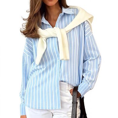 Womens Striped Button Down Shirt Casual Collared Long Sleeve Blouse Top