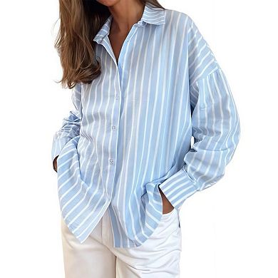 Womens Striped Button Down Shirt Casual Collared Long Sleeve Blouse Top