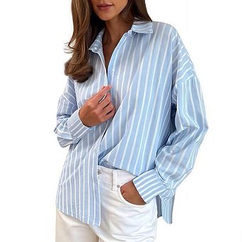 Womens Striped Button Down Shirt Casual Collared Long Sleeve Blouse Top