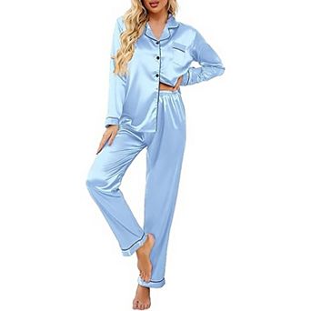 Ekouaer Womens Satin Pajama Set Classic Pattern Silky Pajama Sets Button Down Sleepwear Loungewear