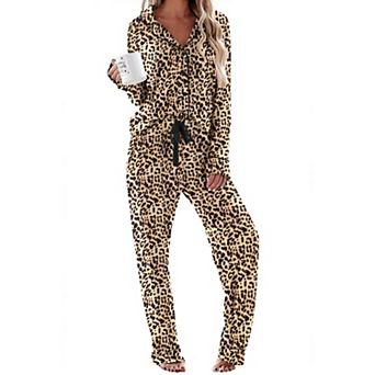 Ekouaer Womens Soft Knit Pajama Set Long Sleeve Button Down Notch Collar Top and Pants