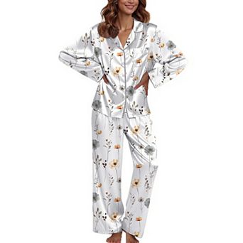 Ekouaer Pajamas Set Silk Pajamas Two Piece Satin Sleepwear Long Sleeve Button Down With Pant