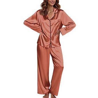 Ekouaer Pajamas Set Silk Pajamas Two Piece Satin Sleepwear Long Sleeve Button Down With Pant