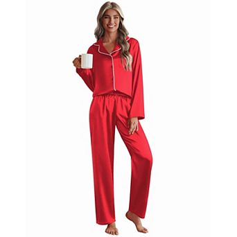 Ekouaer Pajamas Set Silk Pajamas Two Piece Satin Sleepwear Long Sleeve Button Down With Pant