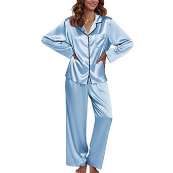 Ekouaer Pajamas Set Silk Pajamas Two Piece Satin Sleepwear Long Sleeve Button Down With Pant