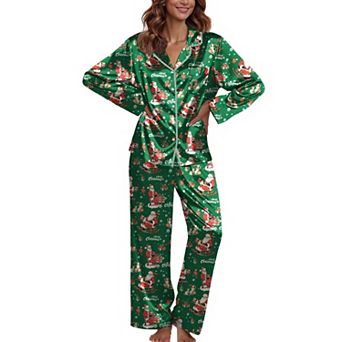 Ekouaer Pajamas Set Silk Pajamas Two Piece Satin Sleepwear Long Sleeve Button Down With Pant