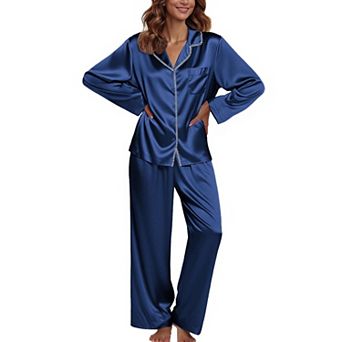 Ekouaer Pajamas Set Silk Pajamas Two Piece Satin Sleepwear Long Sleeve Button Down With Pant