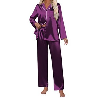 Ekouaer Pajamas Set Silk Pajamas Two Piece Satin Sleepwear Long Sleeve Button Down With Pant