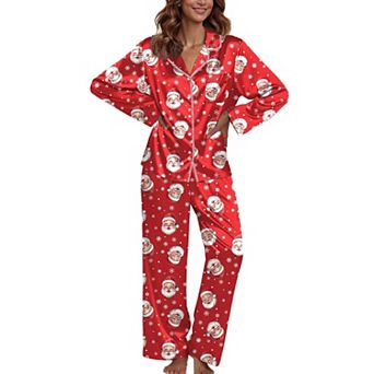 Ekouaer Pajamas Set Silk Pajamas Two Piece Satin Sleepwear Long Sleeve Button Down With Pant
