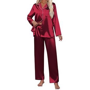 Ekouaer Pajamas Set Silk Pajamas Two Piece Satin Sleepwear Long Sleeve Button Down With Pant