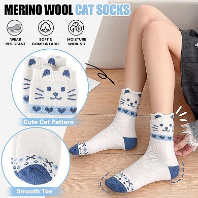 Merino Wool Cat Crew Socks Warm Cozy Fun Winter 5 Pairs
