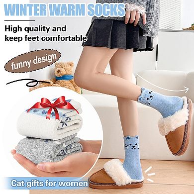 Merino Wool Cat Crew Socks Warm Cozy Fun Winter 5 Pairs