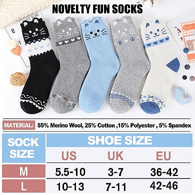 Merino Wool Cat Crew Socks Warm Cozy Fun Winter 5 Pairs