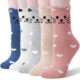 Merino Wool Cat Crew Socks Warm Cozy Fun Winter 5 Pairs