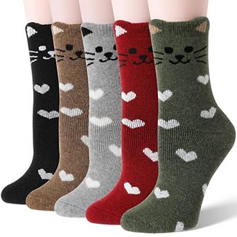 Merino Wool Cat Crew Socks Warm Cozy Fun Winter 5 Pairs
