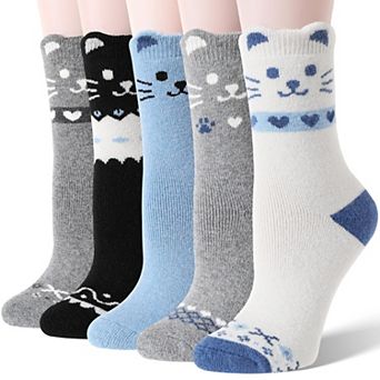 Merino Wool Cat Crew Socks Warm Cozy Fun Winter 5 Pairs