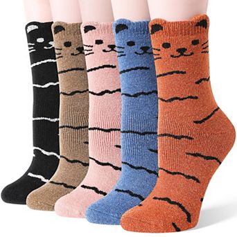 Merino Wool Cat Crew Socks Warm Cozy Fun Winter 5 Pairs