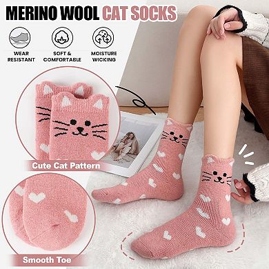 Merino Wool Cat Socks Winter Warm Thick Cozy Fun Crew 5 Pairs