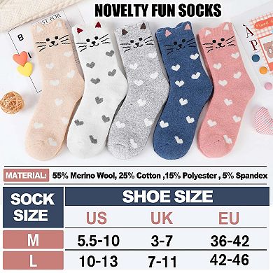 Merino Wool Cat Socks Winter Warm Thick Cozy Fun Crew 5 Pairs