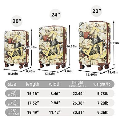 Pnronnc 3-Piece PC Spinner Wheel Luggage Set with Combination Lock and Printed Pattern